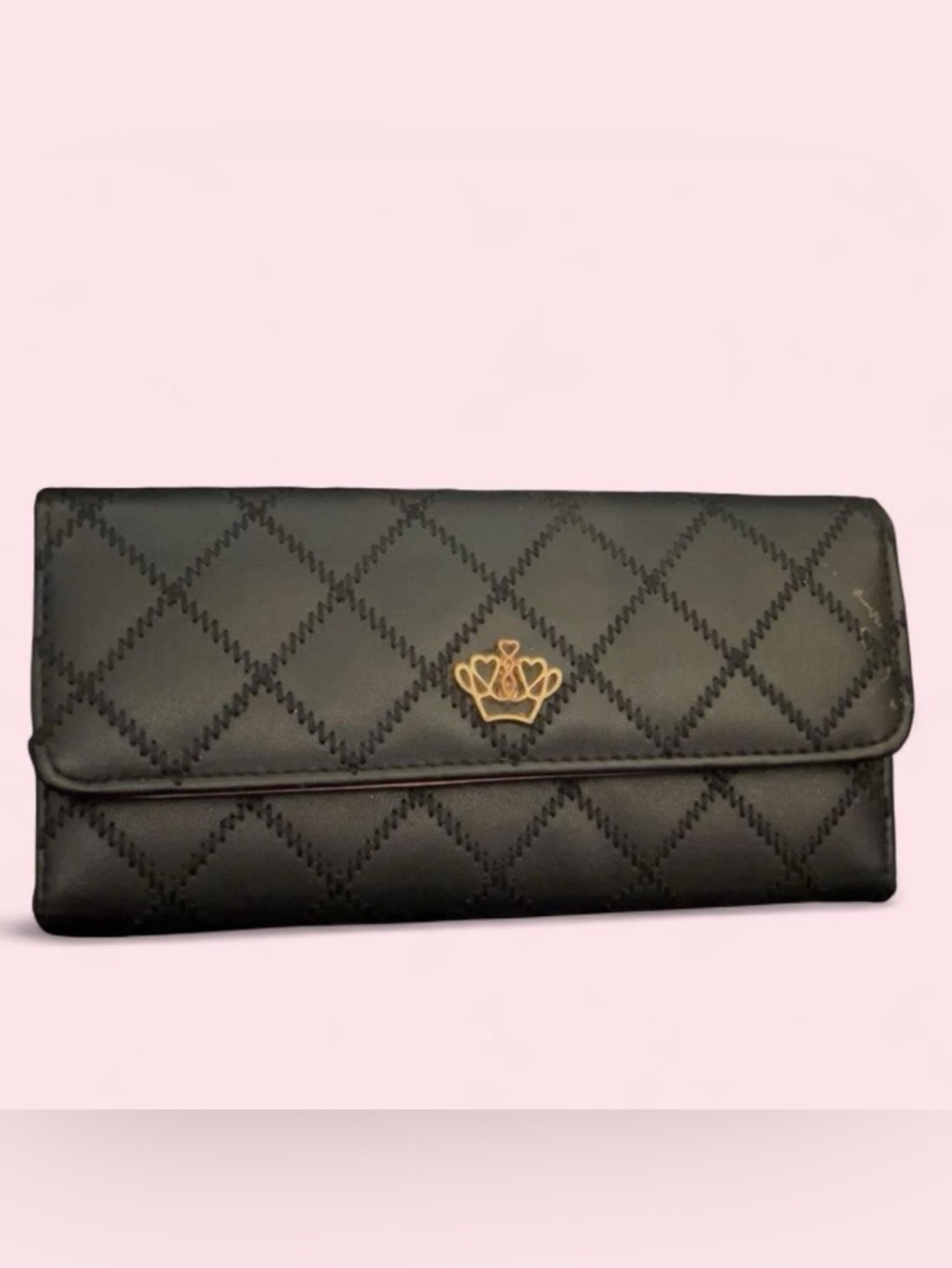 Black Quilted Women's Wallet with Gold Crown Accent